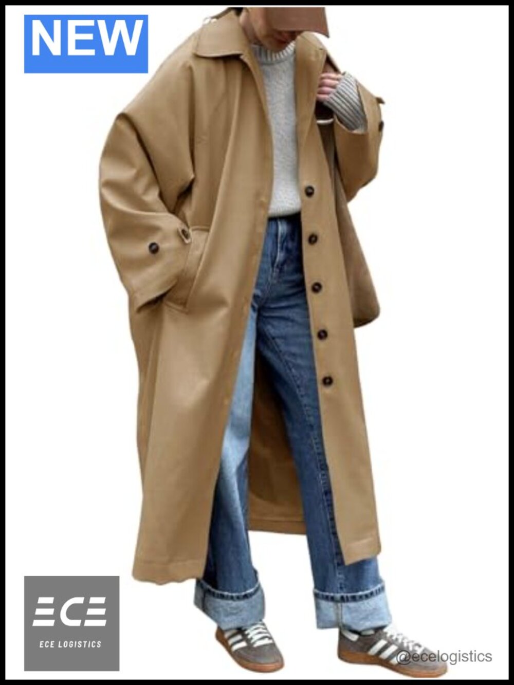 Women's Long Trench Coat Single Breasted Oversized Windproof Classic Lapel
